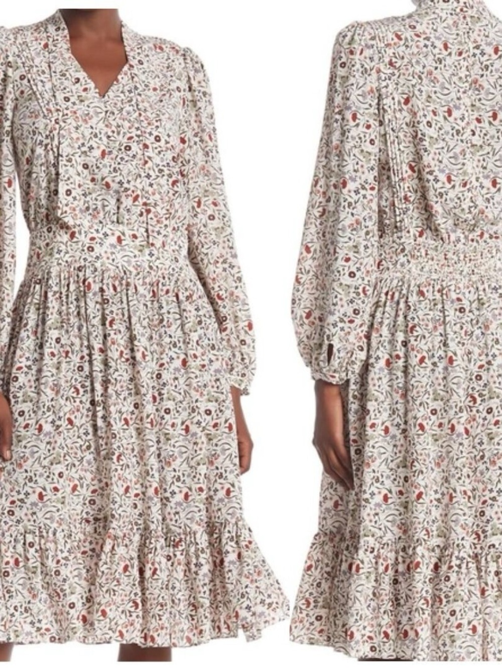 Frame Denim Ivory Floral Long-Sleeve Midi Dress with Rust Accents